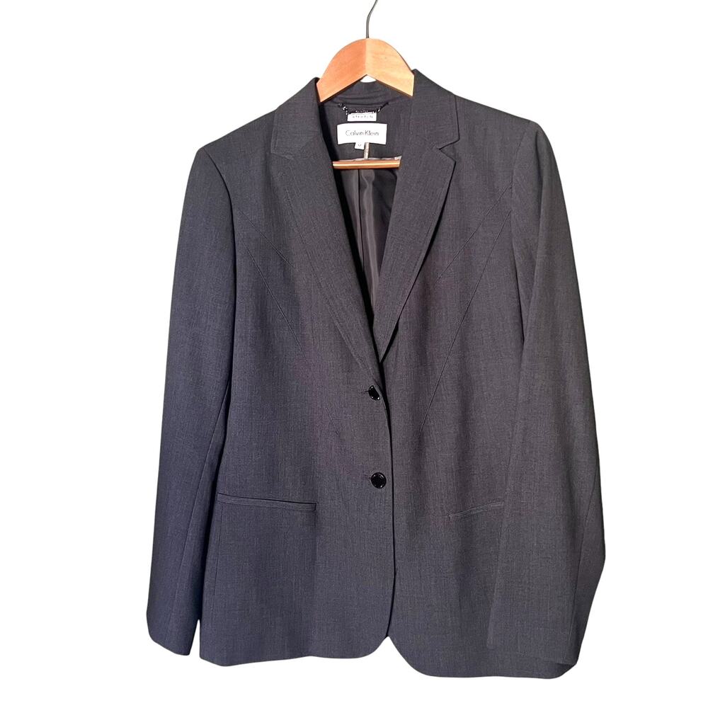 Calvin Klein Women's Size 12 Gray Blazer Two-Button Stretch Jacket Career Wear